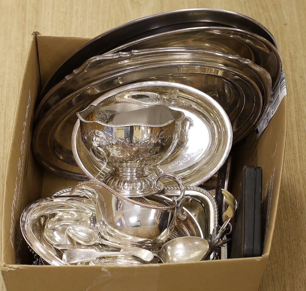 A quantity of assorted plated wares including oval serving dishes, sauce boat, rose bowl, flatware etc.